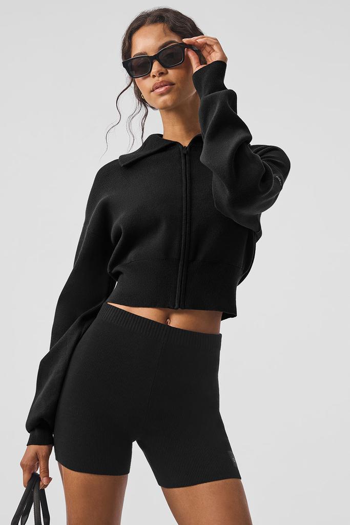 Alo Scholar Knit Cropped Full Zip Jacket - Black