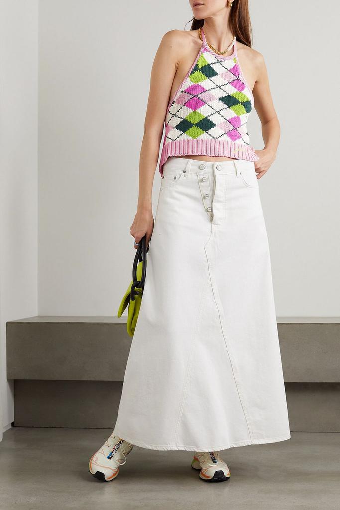 GANNI Cropped argyle cotton halterneck top