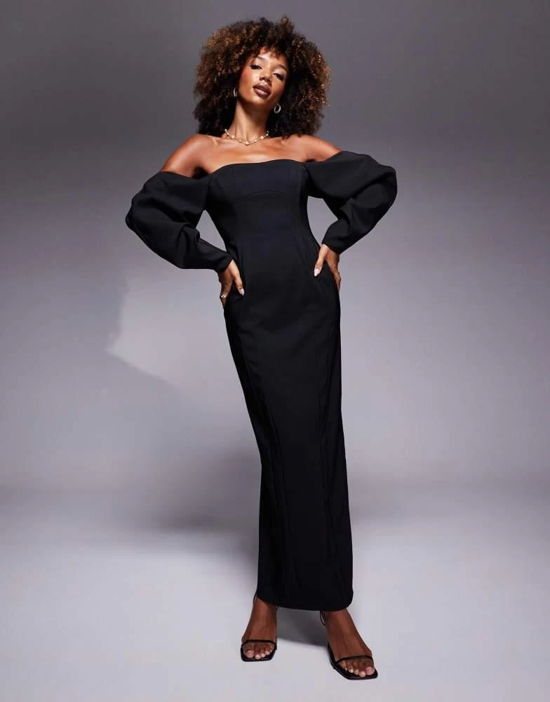 ASOS Design bardot extreme volume sleeve structured maxi dress in Black