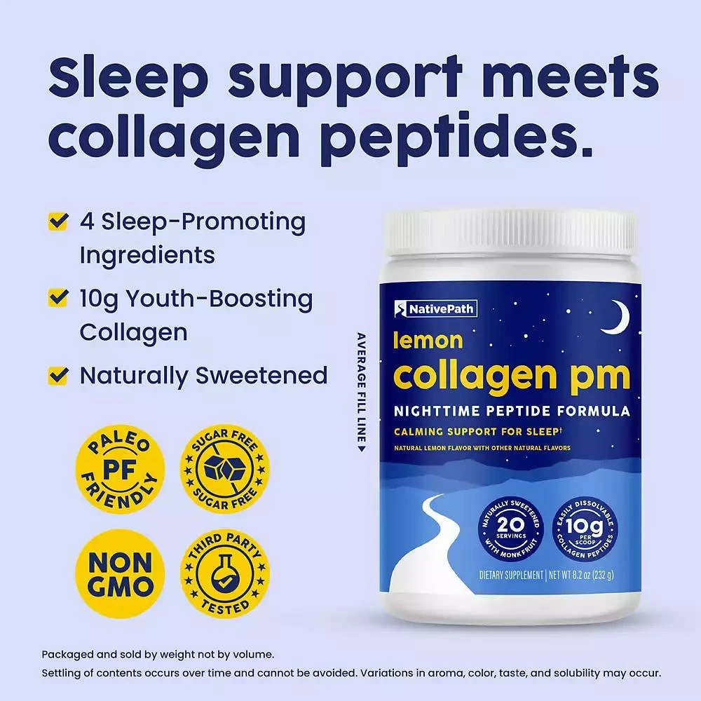NativePath Collagen PM - Lemon Nighttime Collagen Peptides Powder with Magnesium, GABA, L-Theanine and Melatonin - 20 Servings 3