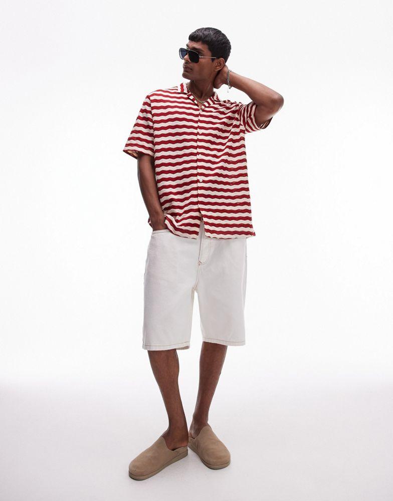 Topman Topman short sleeve stripe crochet holiday shirt in red