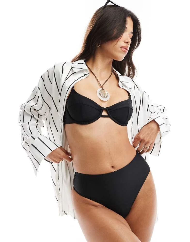 Kaiia Kaiia exclusive satin oversized beach shirt in black and white stripe 2