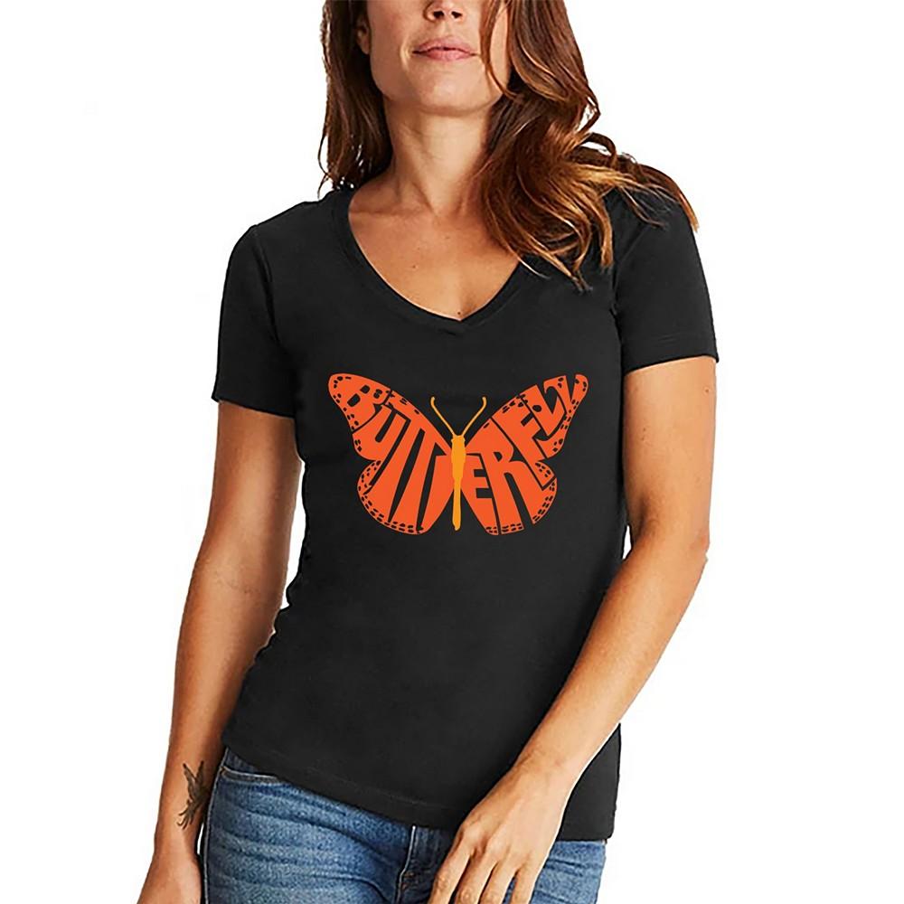 LA Pop Art Women's Word Art Butterfly V-Neck T-Shirt