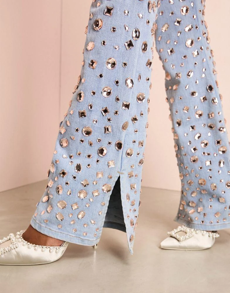 ASOS LUXE ASOS LUXE jewel embellished denim flared jeans in mid wash blue 4
