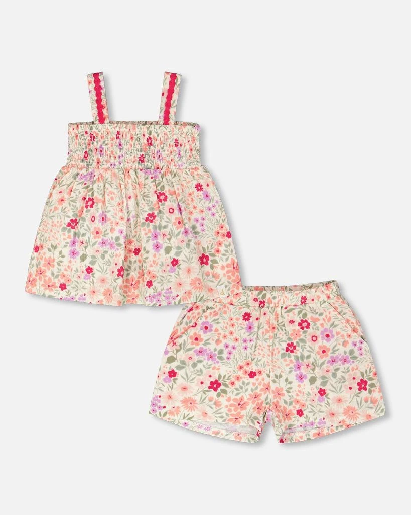 Deux par Deux Tank Top with Smocking and Shorts Set in Muslin Off White Printed Flowers