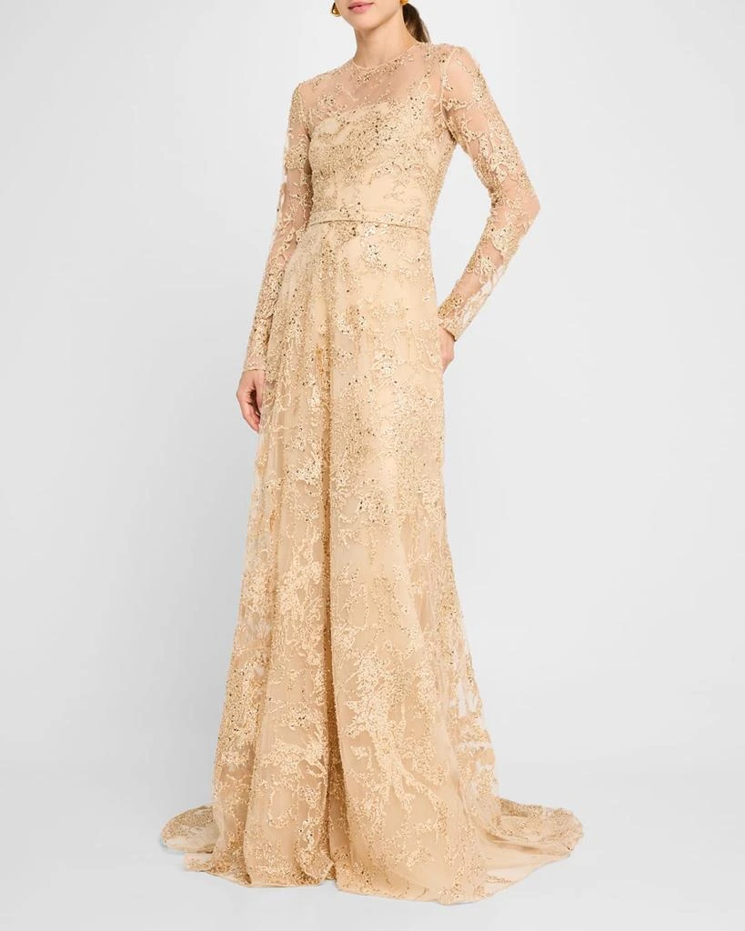 Pamella Roland Sequin Embroidered Tulle Long-Sleeve Illusion Gown 2