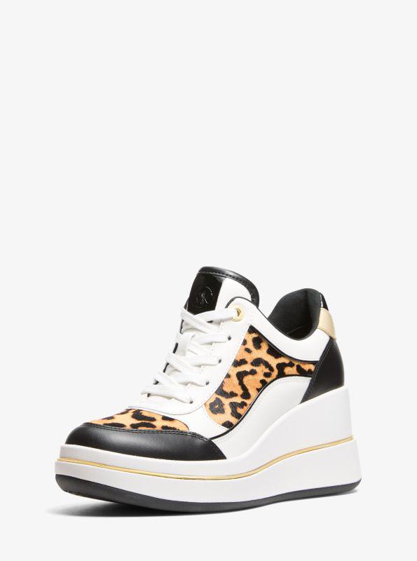 Michael Kors Emmy Leather and Leopard Print Calf Hair Wedge Trainer