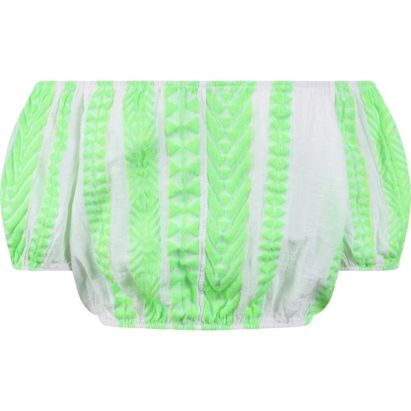 Devotion Geometric print cold shoulders cropped blouse in neon green and white 2