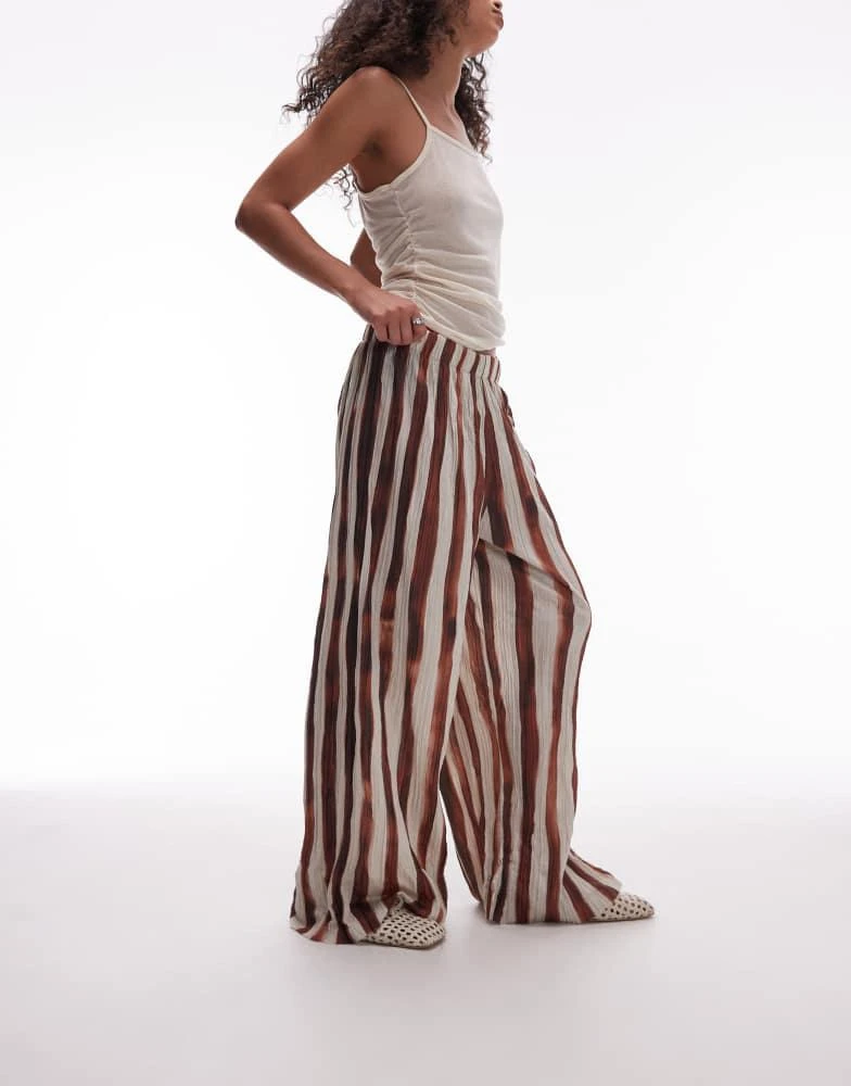 Topshop Topshop stripe crinkle wide leg trousers in brown 5