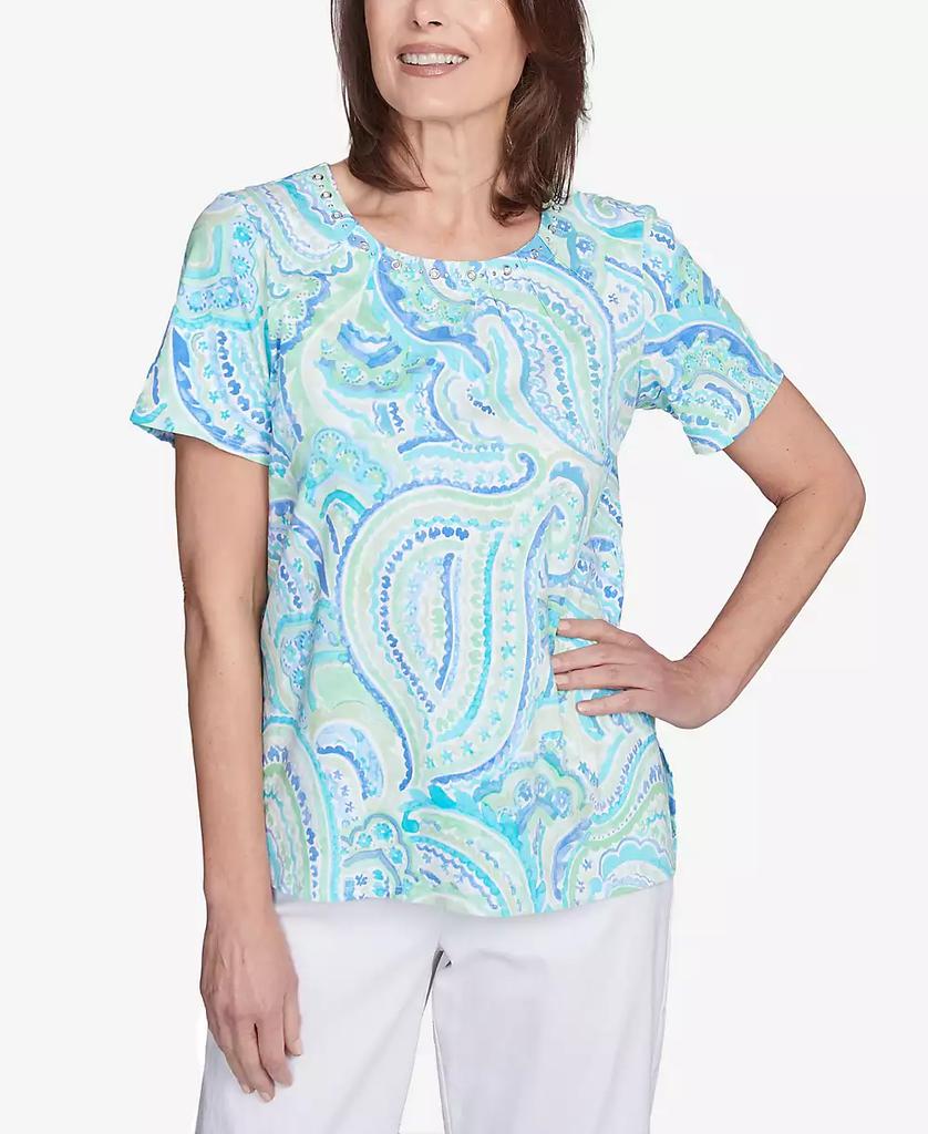 Alfred Dunner Petite  Pleated Crew Neck Paisley Top