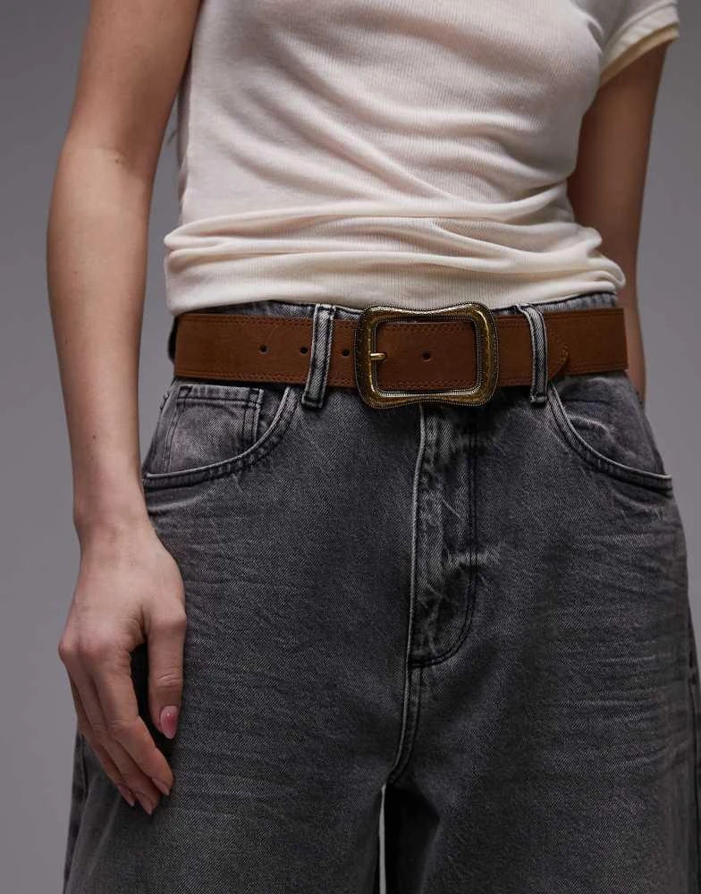 Mango Mango large square buckle chunky leather belt in brown 1