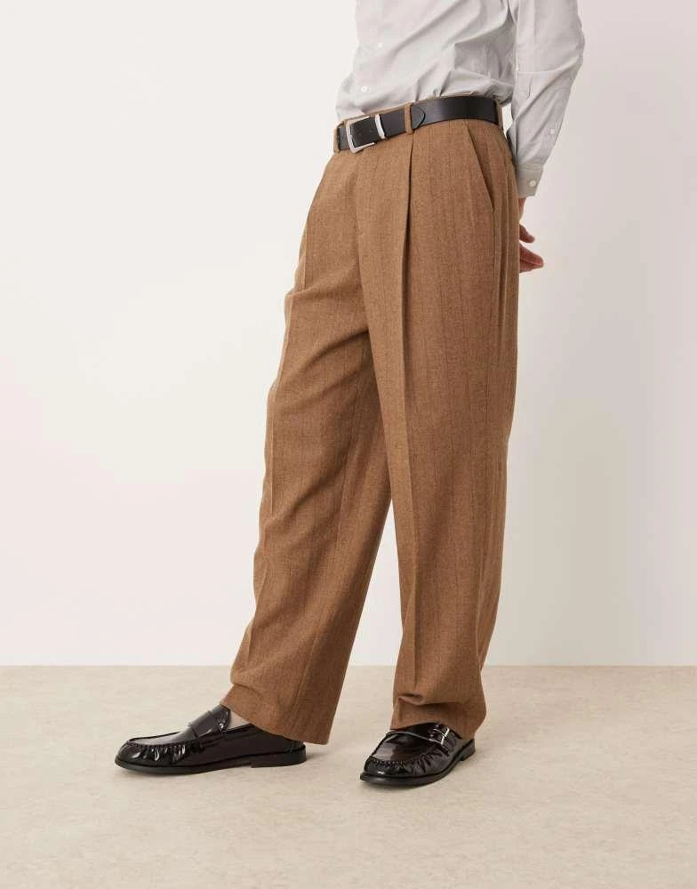 ASOS ASOS DESIGN smart wide leg wool mix pinstripe trouser in brown 1