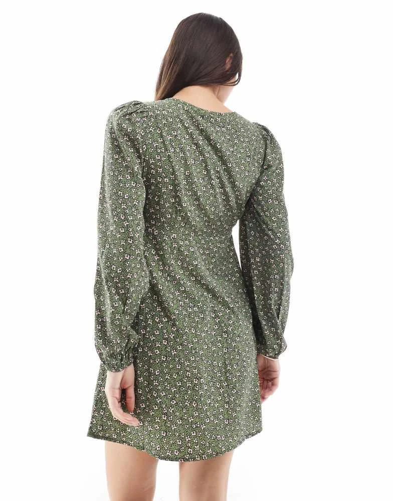 Wednesday's Girl Wednesday's Girl floral spot print long sleeve mini dress in green 4