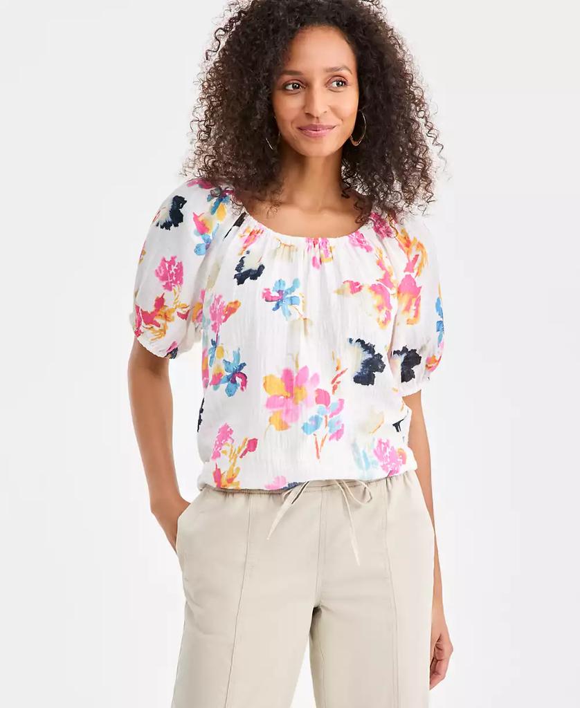Style & Co Petite Print Gauze Short-Sleeve Bubble Top