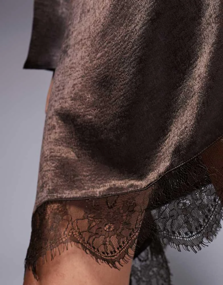 ASOS ASOS DESIGN asymmetric hem lace  mini dress in bitter chocolate 3