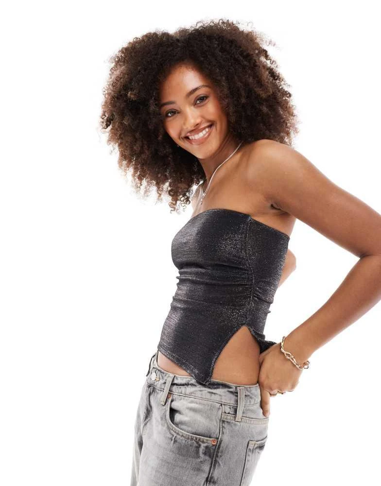 Bershka Bershka ruched side glitter bandeau top in black 1