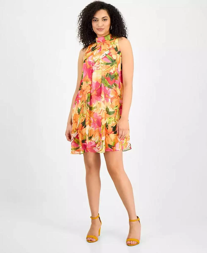 Robbie Bee Women's Floral-Chiffon Mock-Neck Trapeze Dress 1