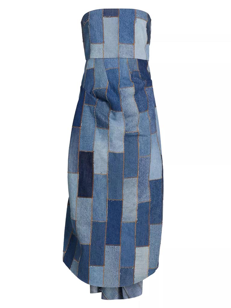 A.W.A.K.E. Mode Patchwork Denim Strapless Bustle Dress
