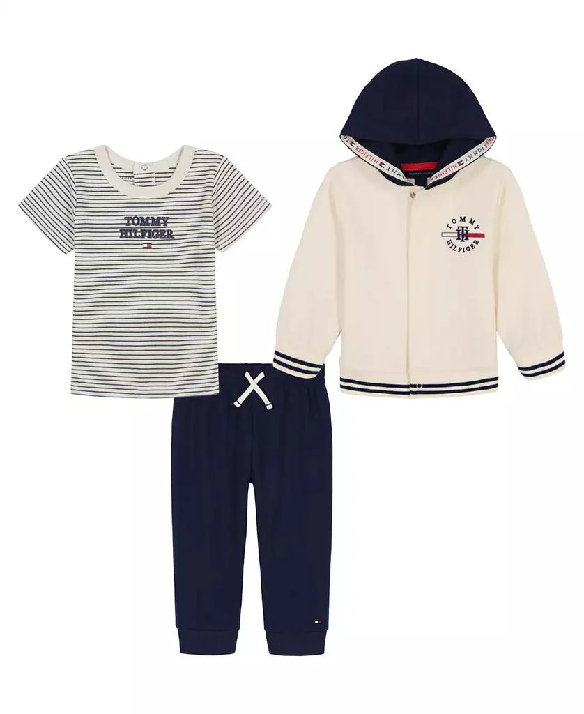 Tommy Hilfiger Baby Boys 3-Piece Stripe T-Shirt, Signature Snap-Front Hoodie and Jogger Set 1