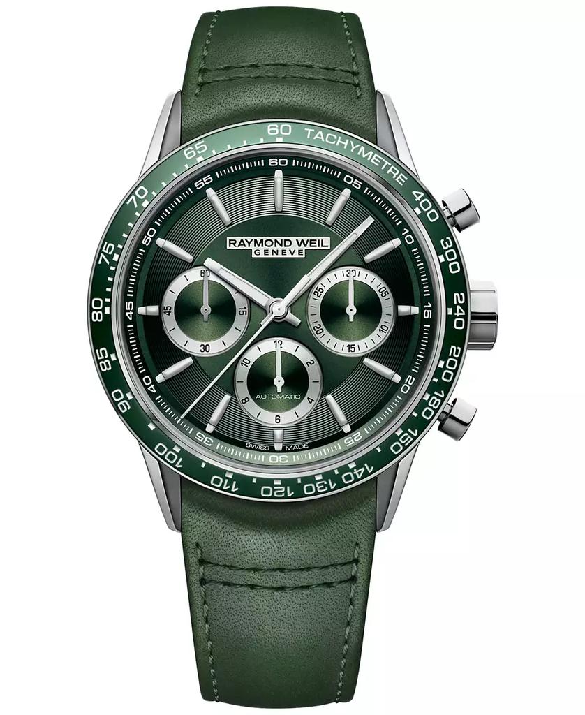 Raymond Weil Men's Swiss Automatic Chronograph Freelancer Green Leather Strap Watch 43.5mm