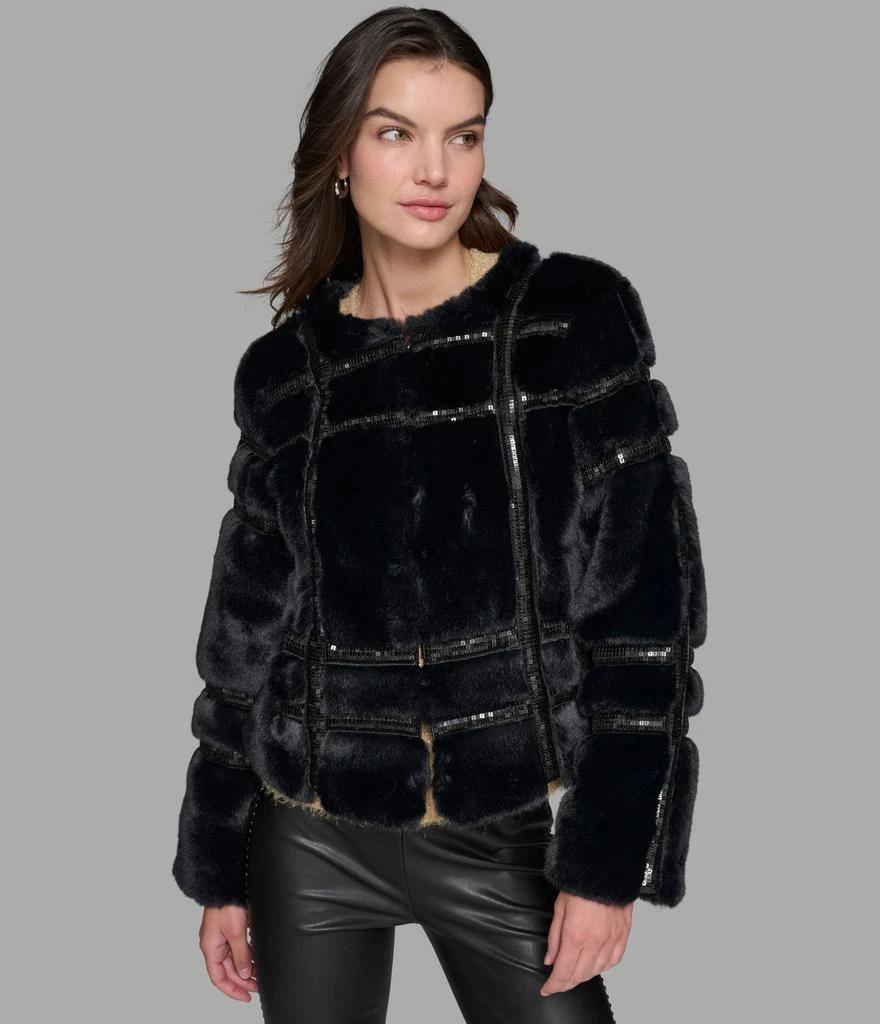 Karl Lagerfeld Paris SEQUIN TRIMMED FAUX FUR COAT 5