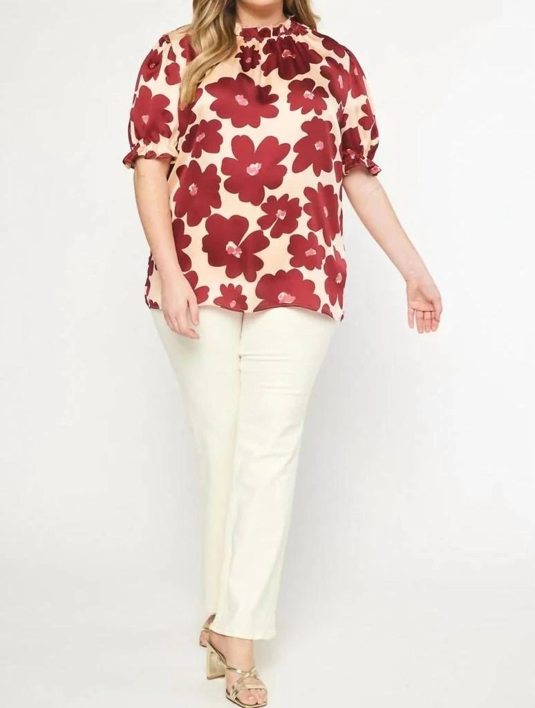 entro Floral Print Mock Neck Top In Burgundy 1