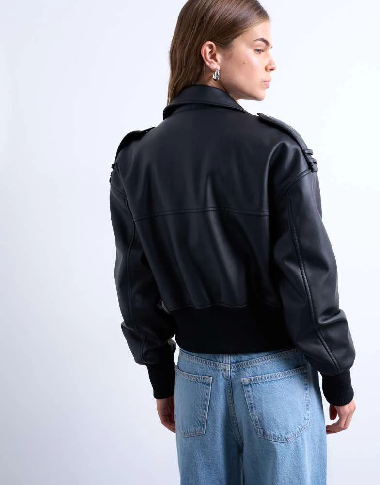 Topshop Topshop faux leather ovoid sleeve bomber jacket in washed black 3