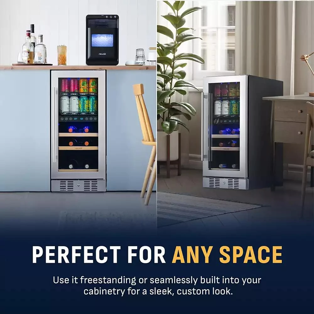 Newair 15" Premium Built-in Dual Zone 9 Bottle and 48 Can Wine and Beverage Fridge in Stainless Steel with SplitShelf 7
