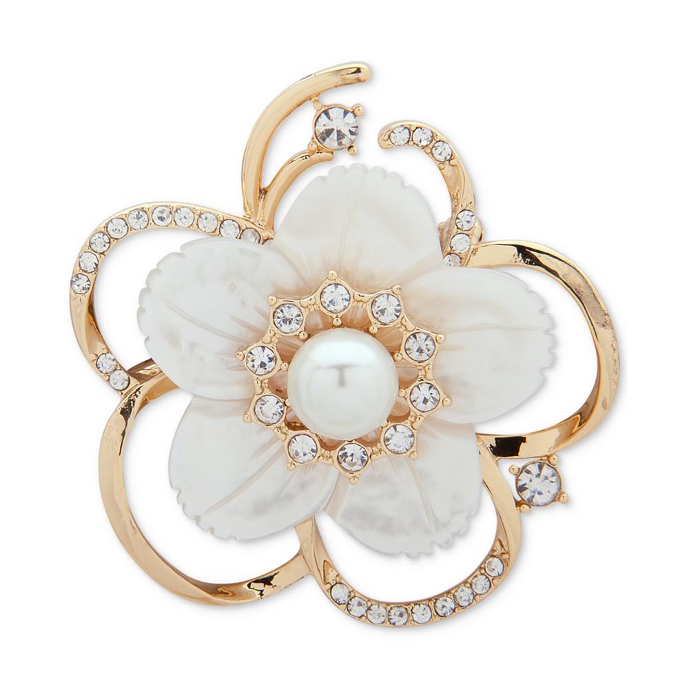 Anne Klein Gold-Tone Imitation Pearl, Mother-of-Pearl & Crystal Flower Pin, Created for Macy's