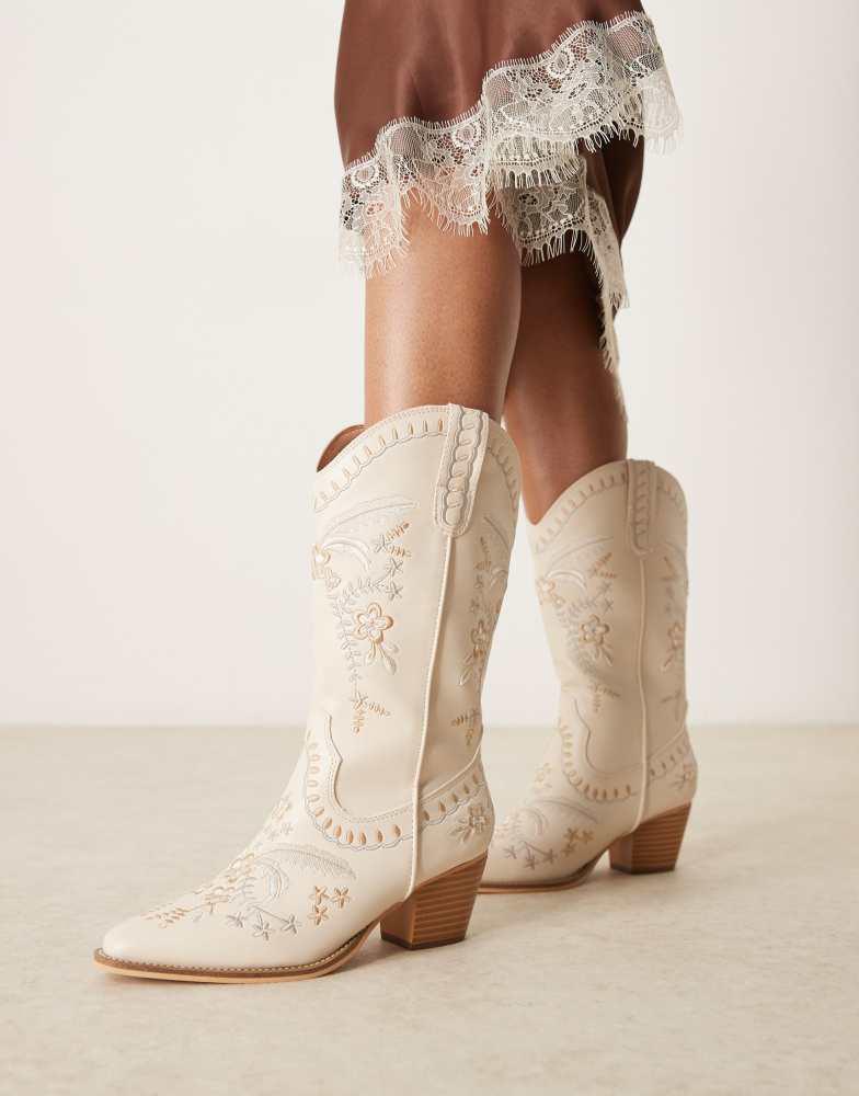 Glamorous Glamorous embroidered western knee boots in cream