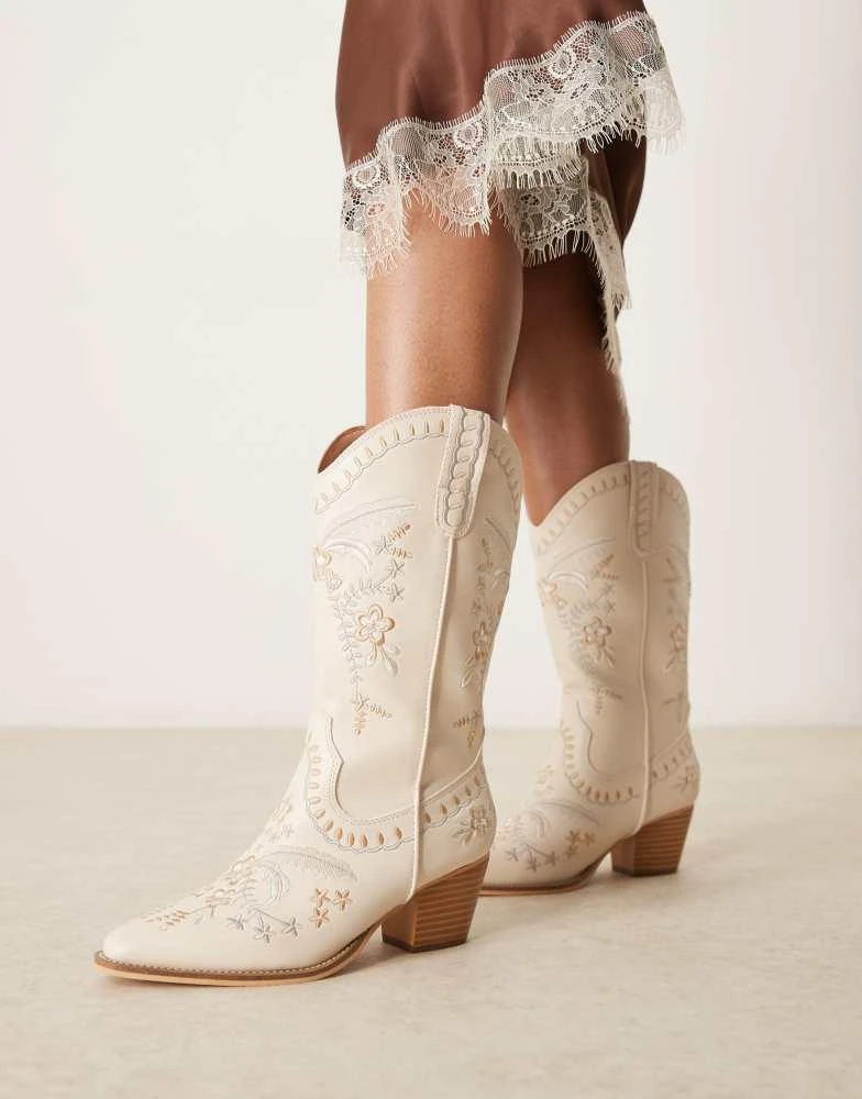 Glamorous Glamorous embroidered western knee boots in cream 1