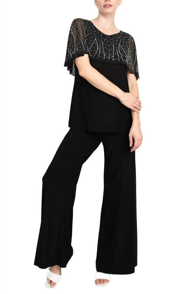 MARINA Boat Neck Embellished Capelet Sleeve Top
Wide Leg Pant Set In Black