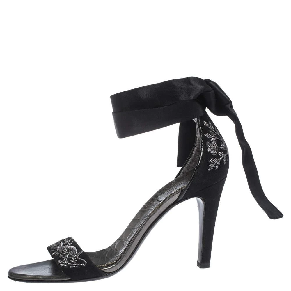 Gucci Gucci Black Embroidered Suede and Satin Open Toe Ankle Wrap Sandals Size 39 2