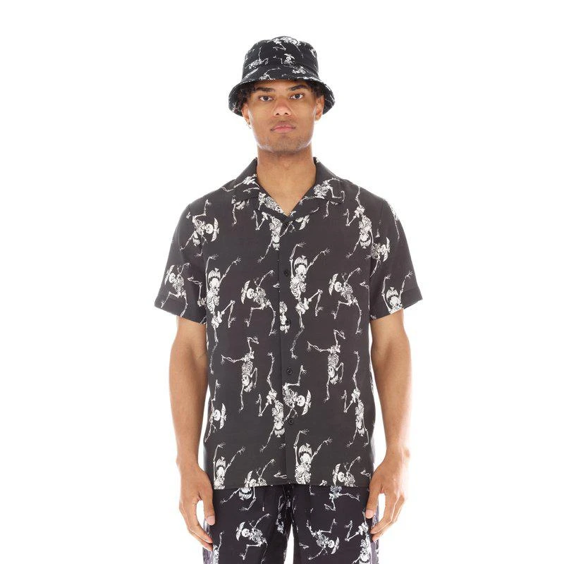 Cult Of Individuality Yakuza Short Sleeve Woven Shirt "Dancing Skeleton" In Black 2