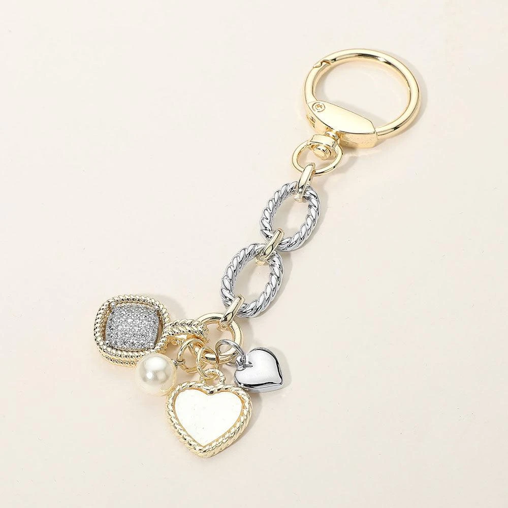 FASHNZFAB 14K Gold Plated CZ Pave Square Mother of Pearl Heart Charm Drop Keychain Bag Charm