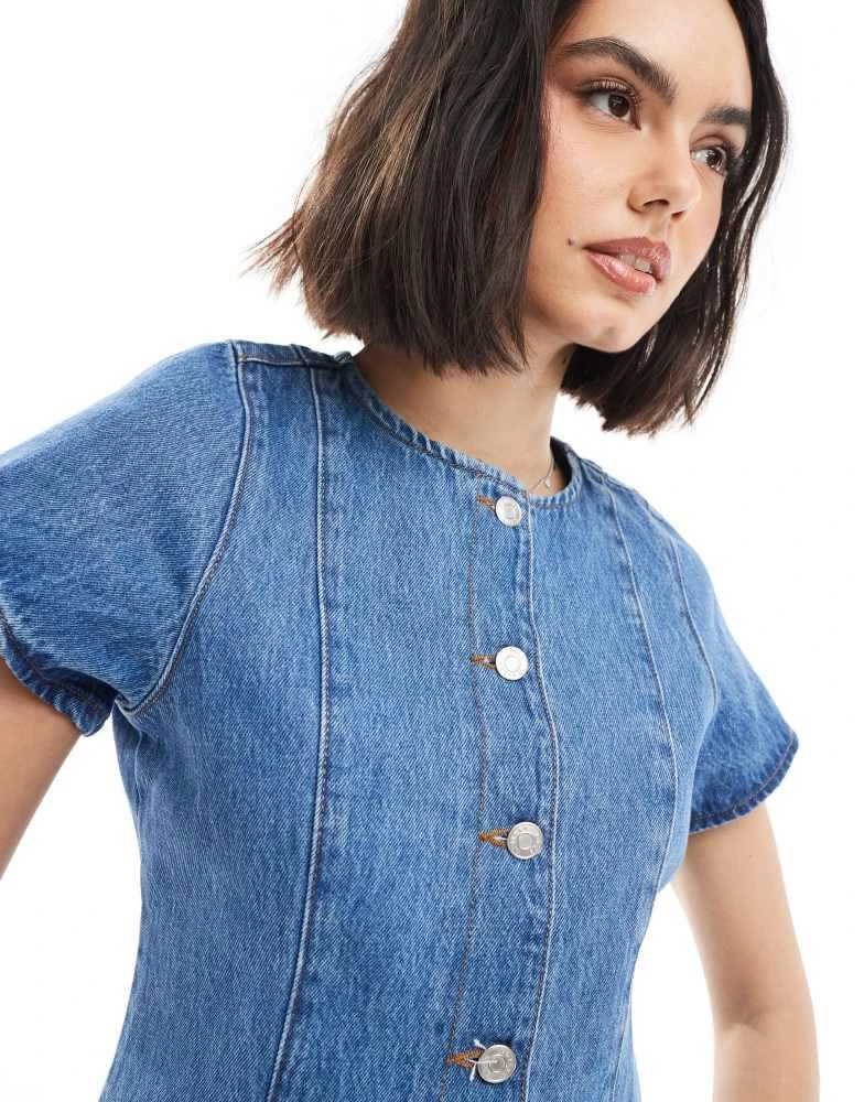ASOS ASOS DESIGN denim button up short sleeve top in mid blue 3