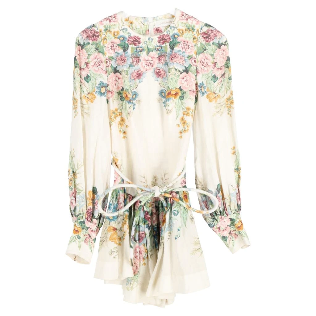 Zimmermann Floral Print Mini Belted Long Sleeve Dress in Multicolor Linen 1