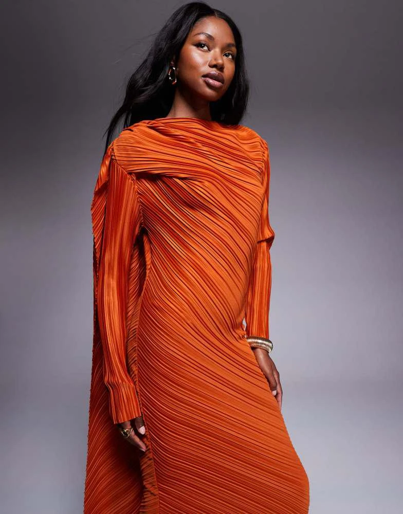 ASOS Design plisse long sleeve drape detail maxi dress in burnt orange