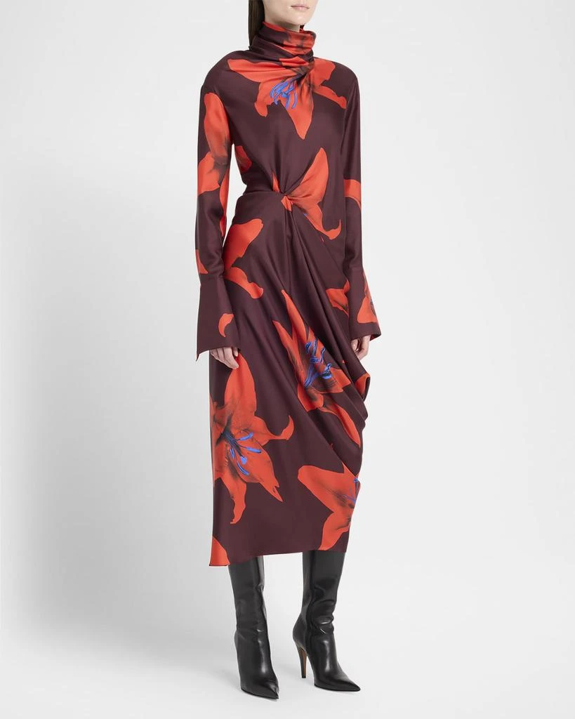Alexander McQueen Turtleneck Floral Twisted Long-Sleeve Midi Dress 4