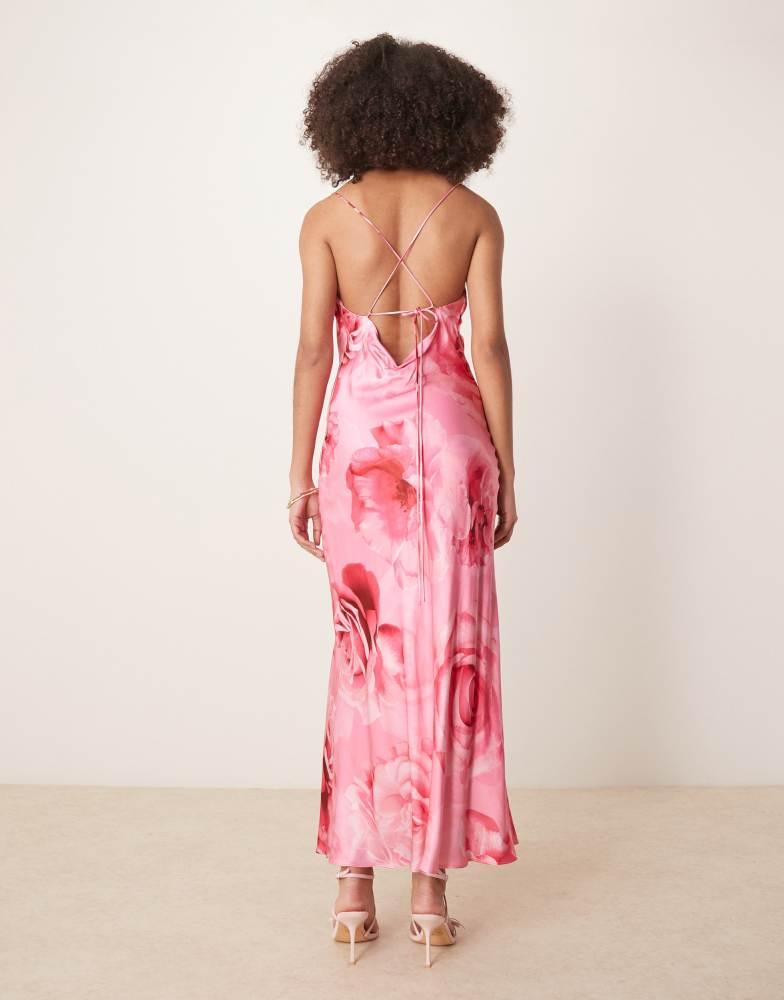 Shop Forever New oversized rose print satin slip maxi dress