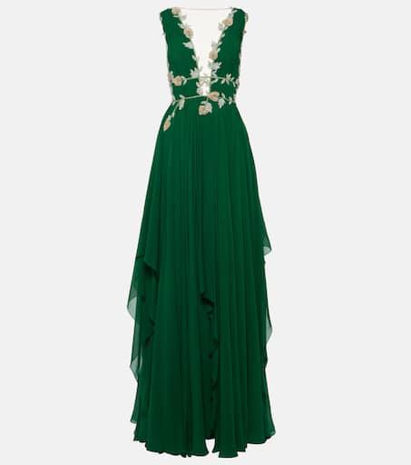 Costarellos Embroidered V-neck draped silk gown