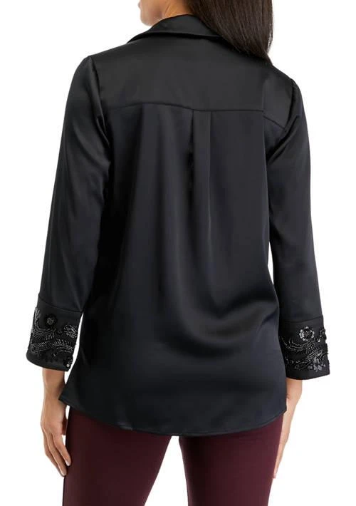 Anne Klein Klein Womens Bracelet Length Embellished Cuff Blouse 2