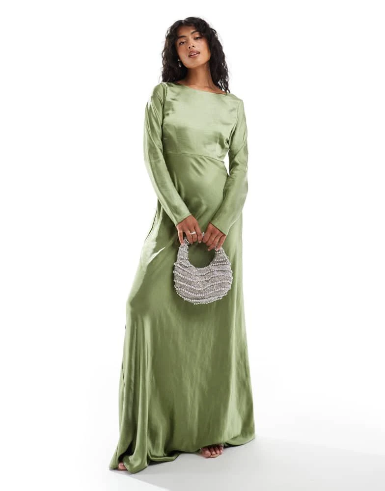Six Stories Six Stories Bridesmaids long sleeve cowl back satin maxi dress in moss green 1