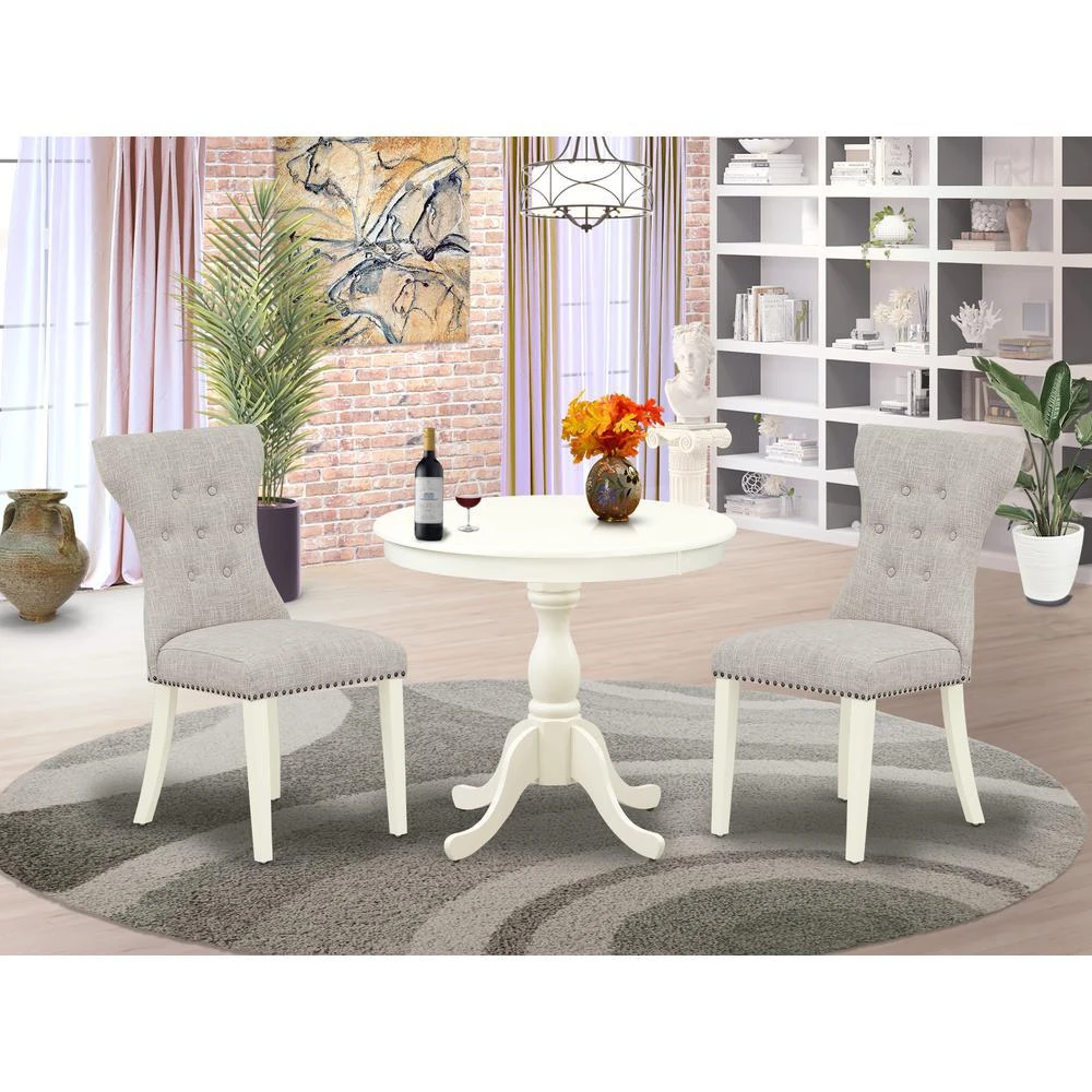 East West Furniture AMGA3-LWH-35 3 Pc Wood Dining Table Set - 1 Dining Table and 2 Doeskin Upholstered Chairs - Linen White Finish