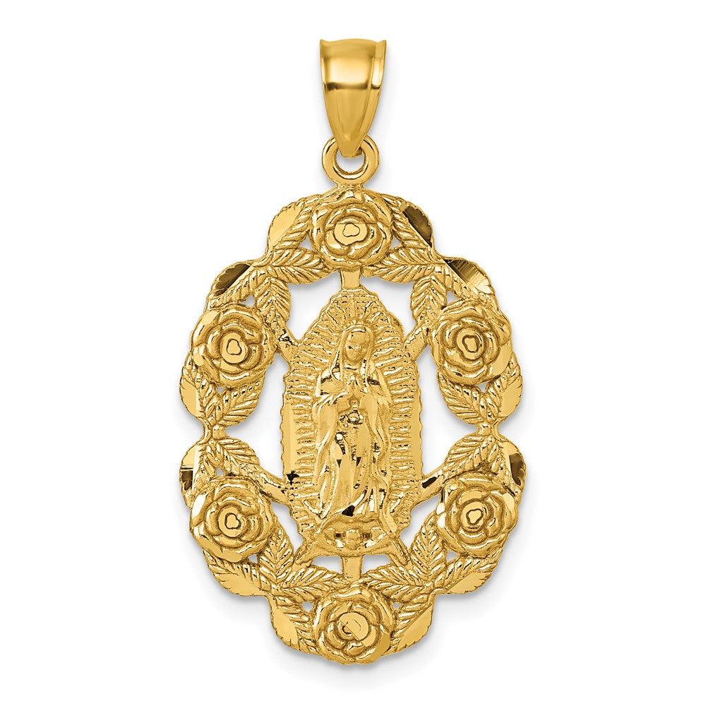 Diamond2Deal 10k Yellow Gold Polished Diamond-cut Our Lady of Guadalupe with Flowers Medal Pendant