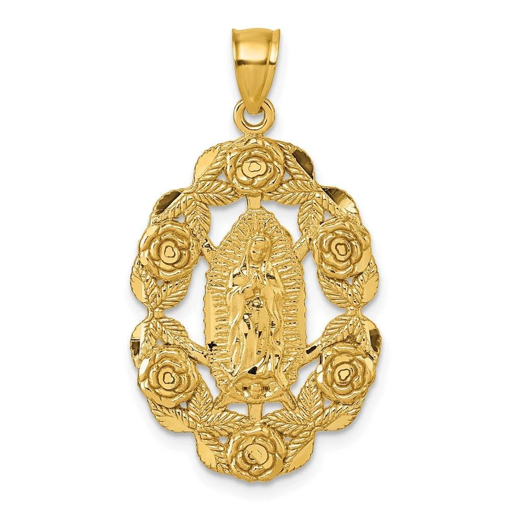 Diamond2Deal 10k Yellow Gold Polished Diamond-cut Our Lady of Guadalupe with Flowers Medal Pendant 1