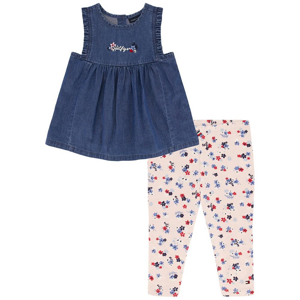 Tommy Hilfiger Little Girls Sleeveless Denim Tunic Top and Floral Capri Leggings, 2 Piece Set