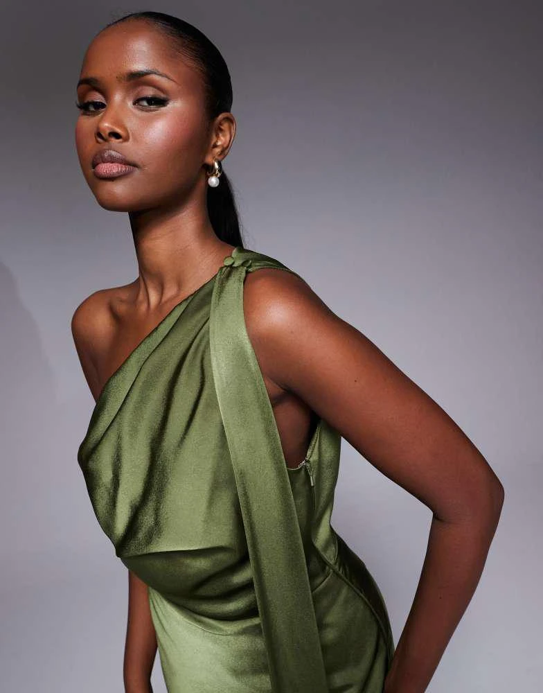 ASOS ASOS DESIGN satin scarf detail fallen shoulder playsuit in khaki 3