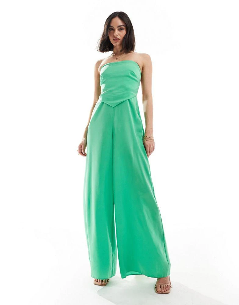 ASOS ASOS DESIGN bandeau scarf detail satin jumpsuit with  buckle detail in bright green 2
