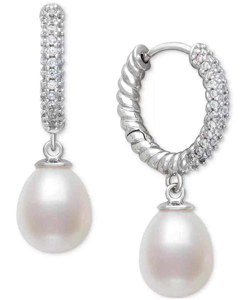 Belle de Mer Cultured Freshwater Pearl (7-8mm) Charm Lab-Created Sapphire (1/6 ct. t.w.) Hoop Earrings in Sterling Silver 1